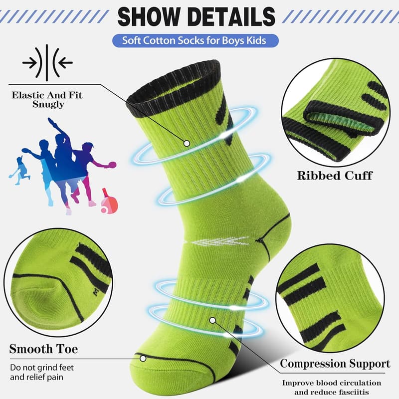 Boys' Athletic Crew Socks - 6 Pairs, Soft Cotton, Breathable