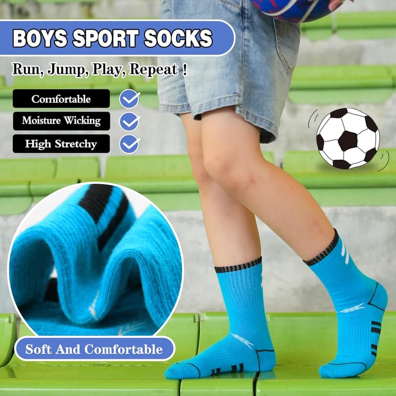 Boys' Athletic Crew Socks - 6 Pairs, Soft Cotton, Breathable