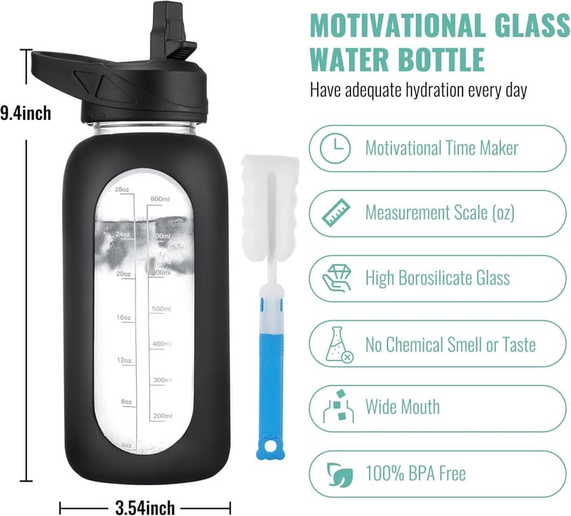 Large Motivational 32 oz Glass Water Bottle with Straw and Sleeve