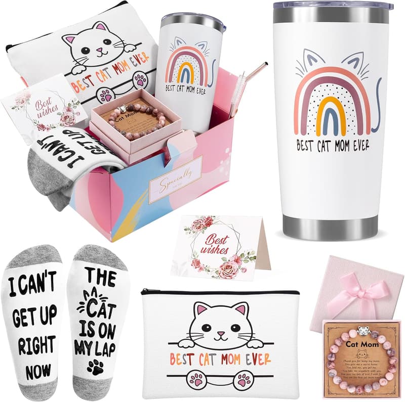 Cat Mom Gift Basket: 20 oz Tumbler, Bracelets & Makeup Bag