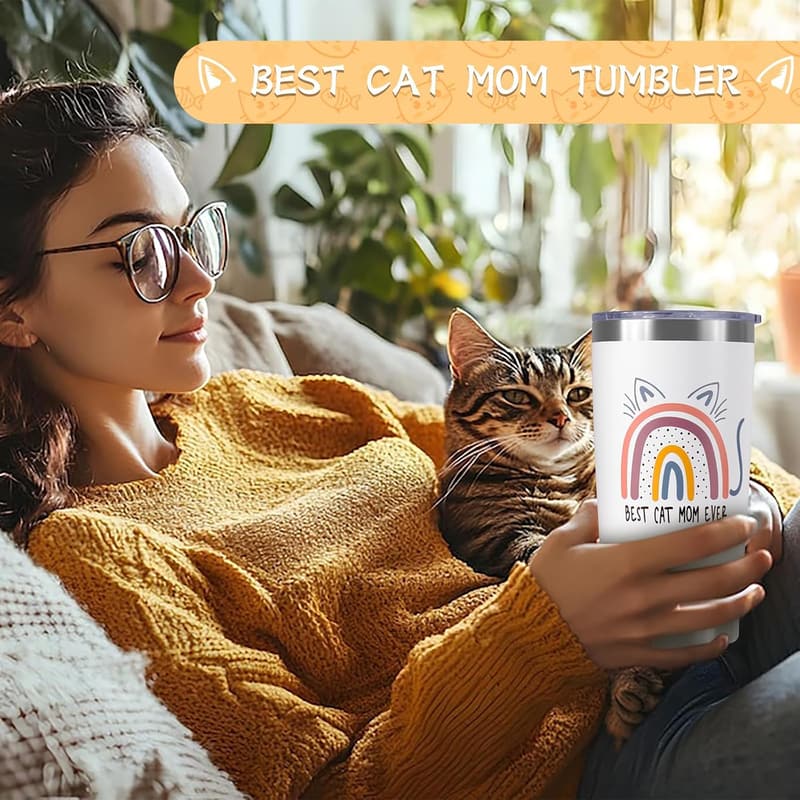 Cat Mom Gift Basket: 20 oz Tumbler, Bracelets & Makeup Bag