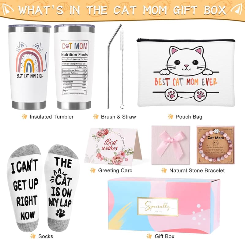 Cat Mom Gift Basket: 20 oz Tumbler, Bracelets & Makeup Bag