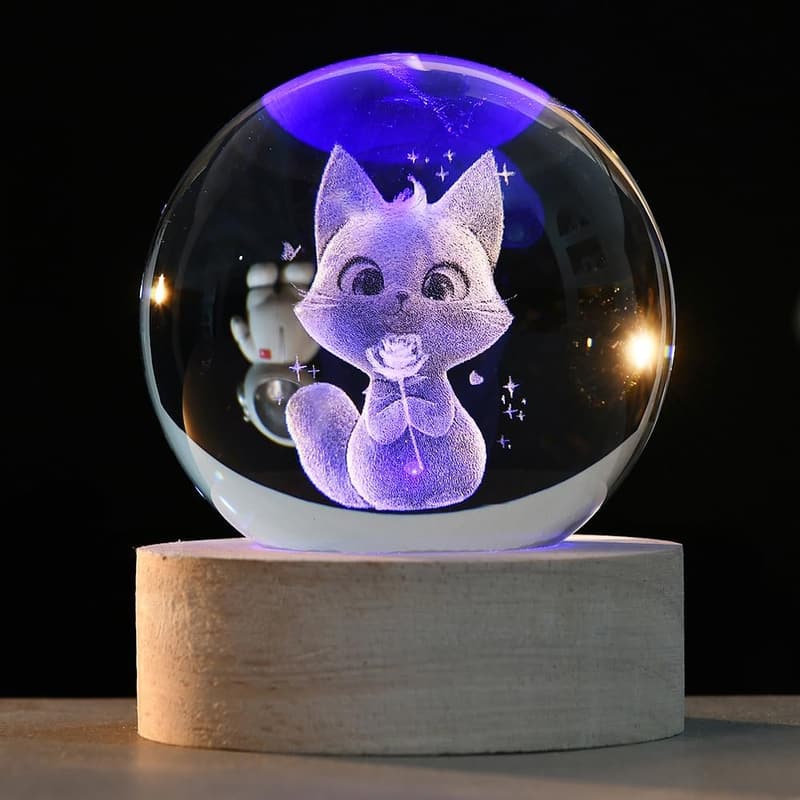 Cat Lovers 3D Crystal Ball with Colorful Light Base