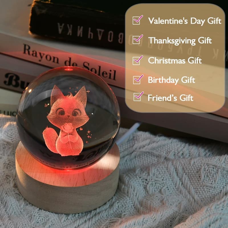 Cat Lovers 3D Crystal Ball with Colorful Light Base