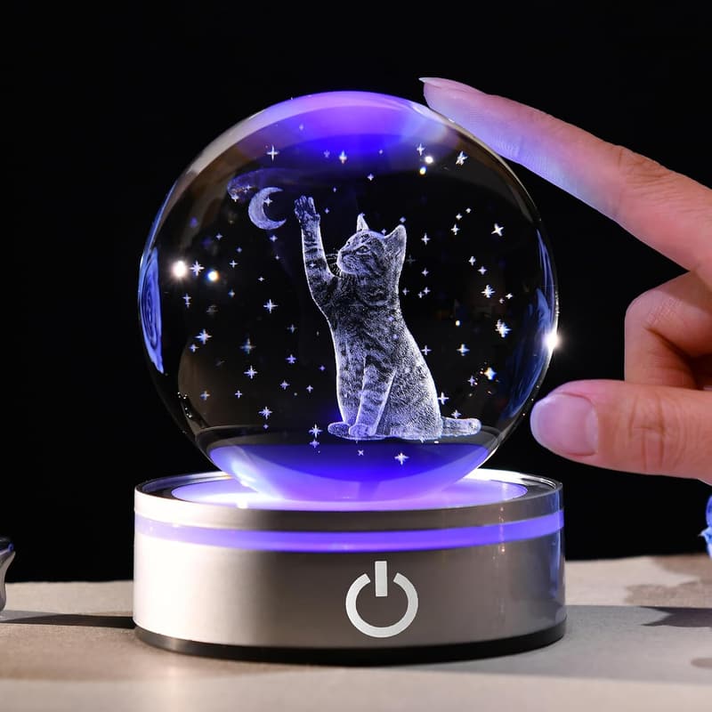Cat Lover 3D Crystal Snow Globe Lamp – Engraved Glass, 3.15