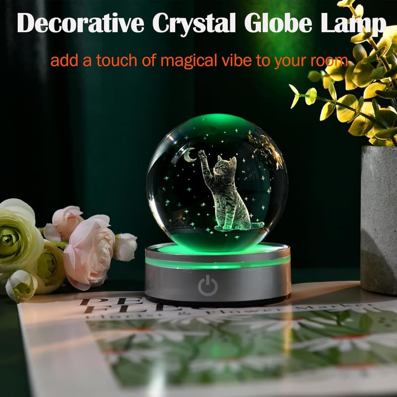 Cat Lover 3D Crystal Snow Globe Lamp – Engraved Glass, 3.15