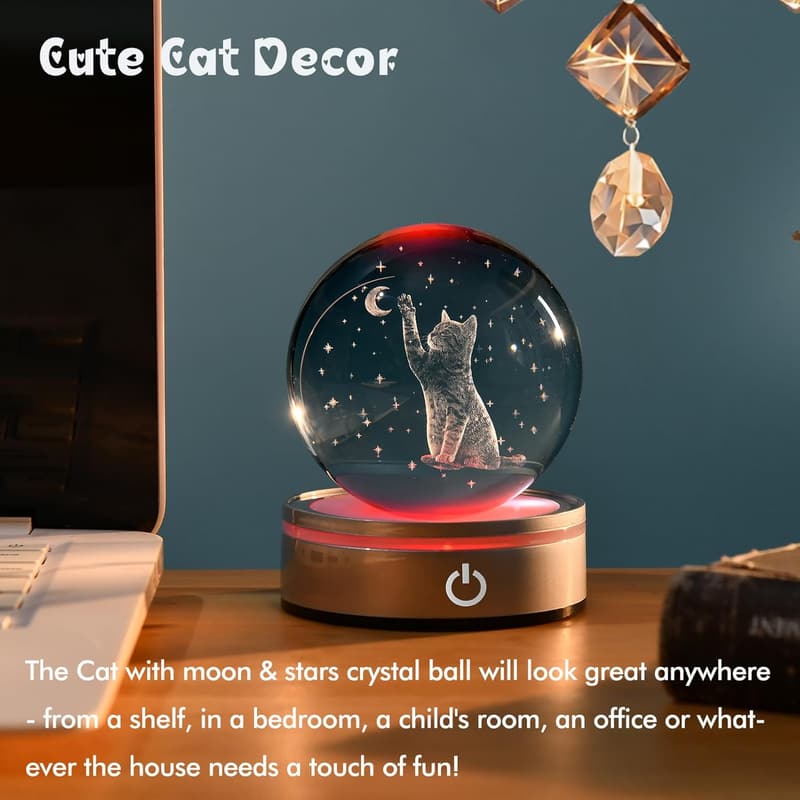 Cat Lover 3D Crystal Snow Globe Lamp – Engraved Glass, 3.15