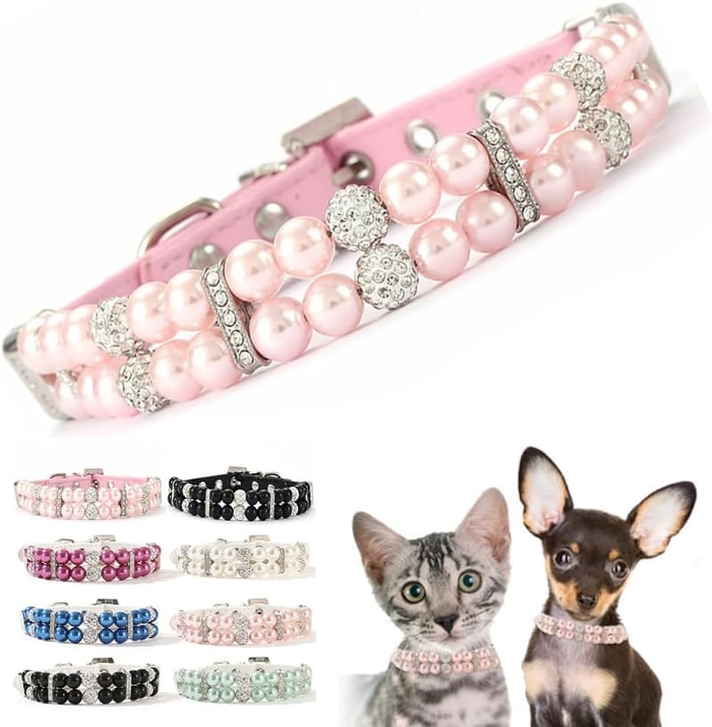 Luxury Pink Dog Collar with Rhinestones and Pearls for Small Pets