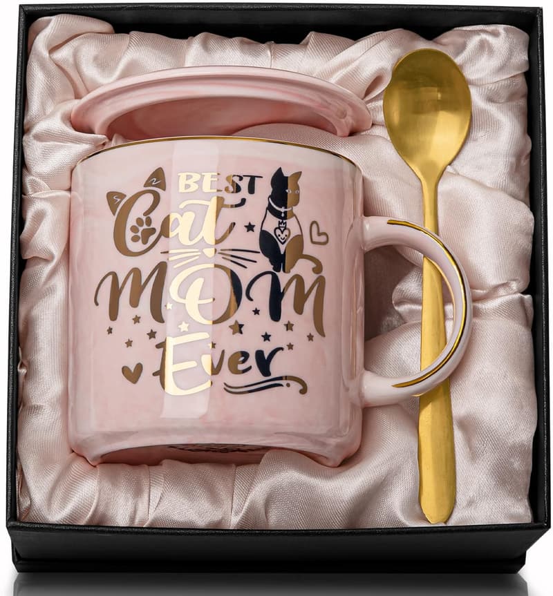 Best Cat Mom Ever - 14oz Pink Marble Coffee Mug with Gift Box