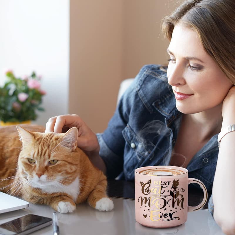 Best Cat Mom Ever - 14oz Pink Marble Coffee Mug with Gift Box