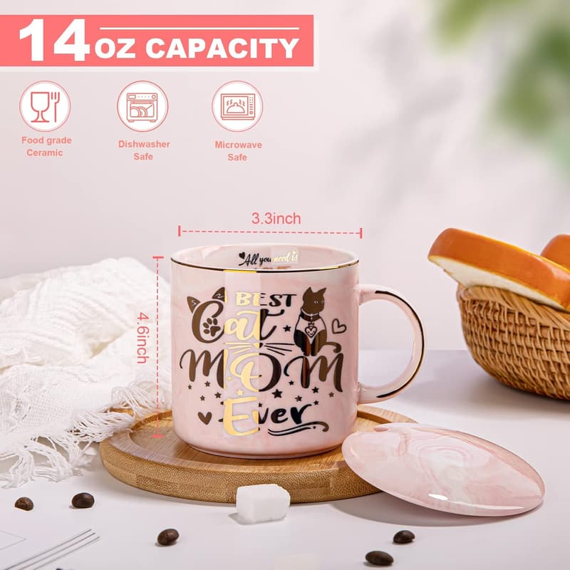 Best Cat Mom Ever - 14oz Pink Marble Coffee Mug with Gift Box