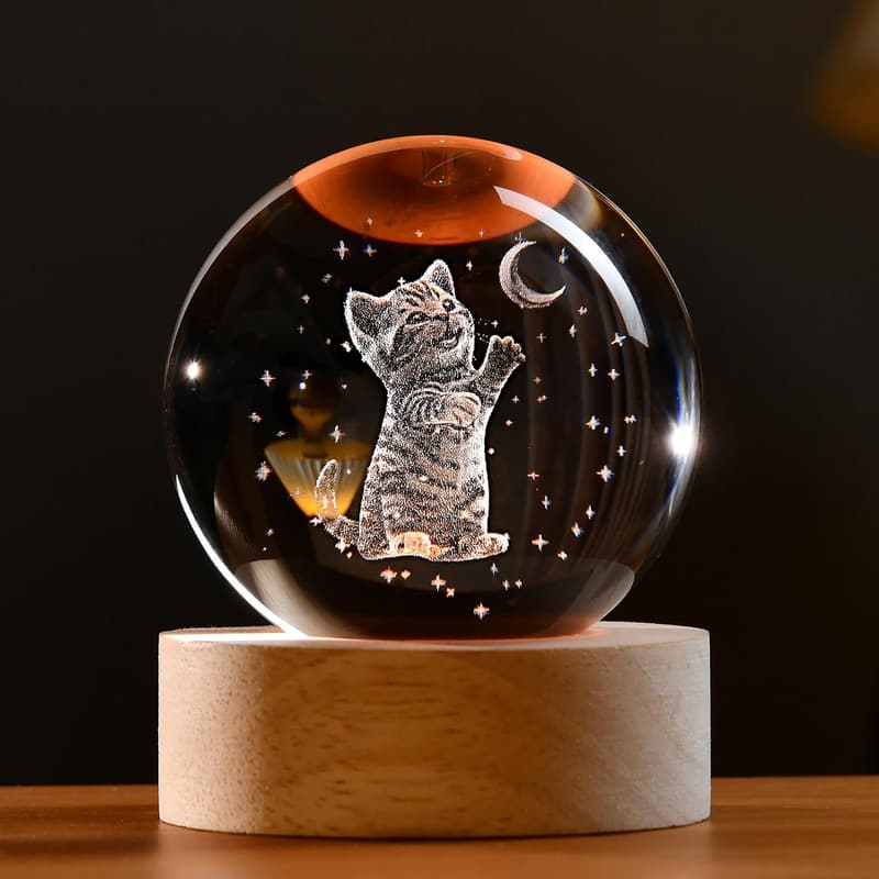 3D Cat Crystal Ball with Wooden Base - Gift for Cat Lovers