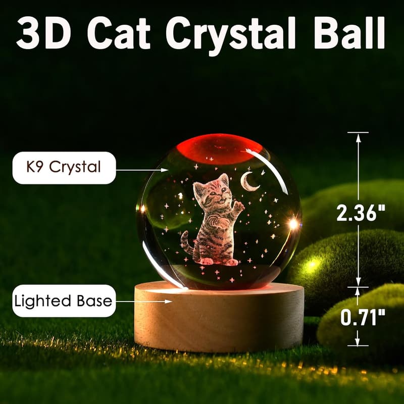 3D Cat Crystal Ball with Wooden Base - Gift for Cat Lovers