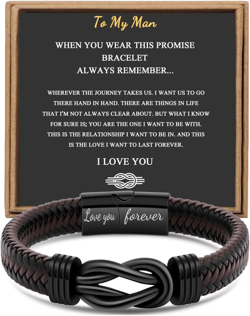 Infinity Bracelet for Men - Brown Braided Leather, Stainless Steel Engraved