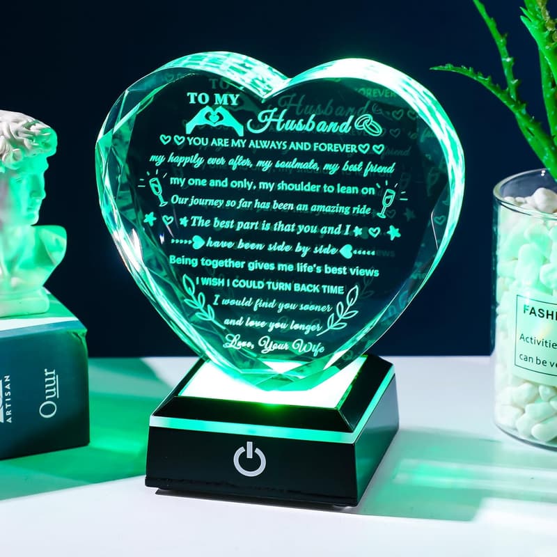 Anniversary Crystal Heart Keepsake with LED Base for Him