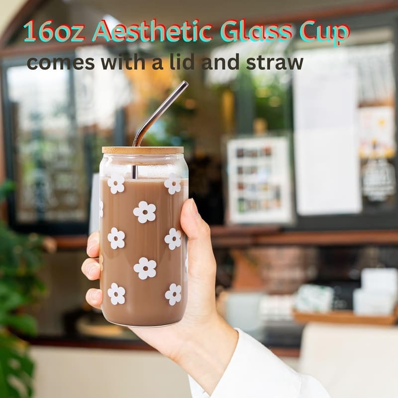 Cute Daisy Aesthetic Glass Cup Set for Her - 7pcs Birthday Gift