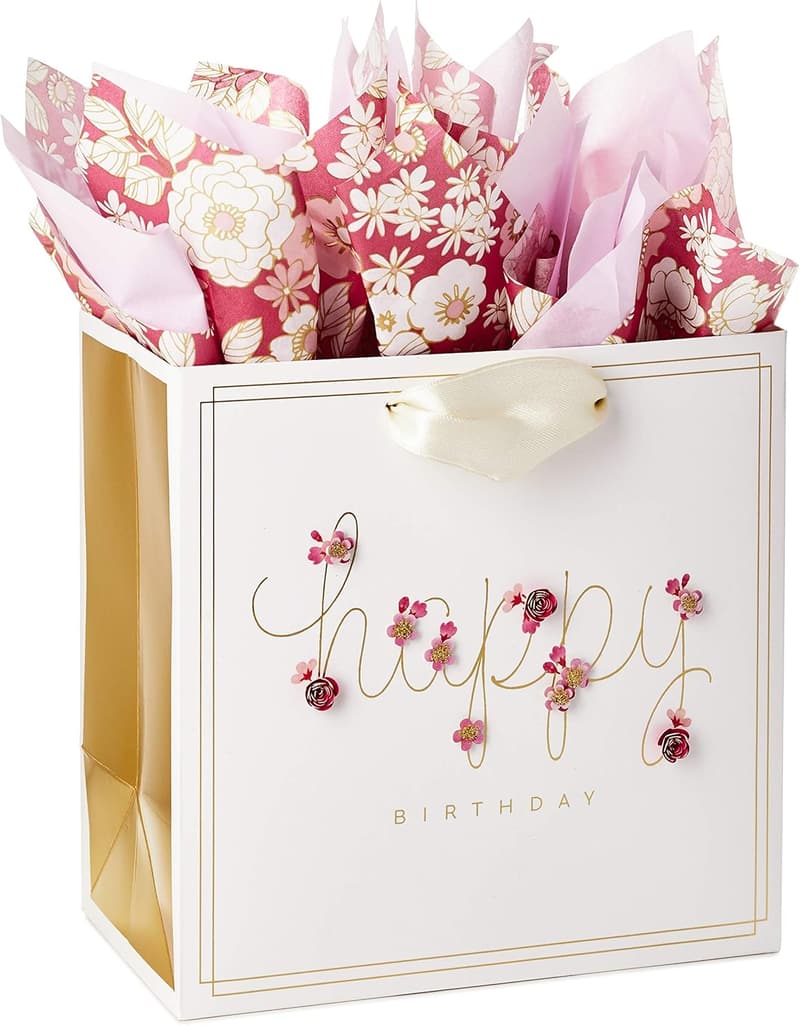 Birthday Gift Bag with Tissue Paper - Pink Flowers, 7