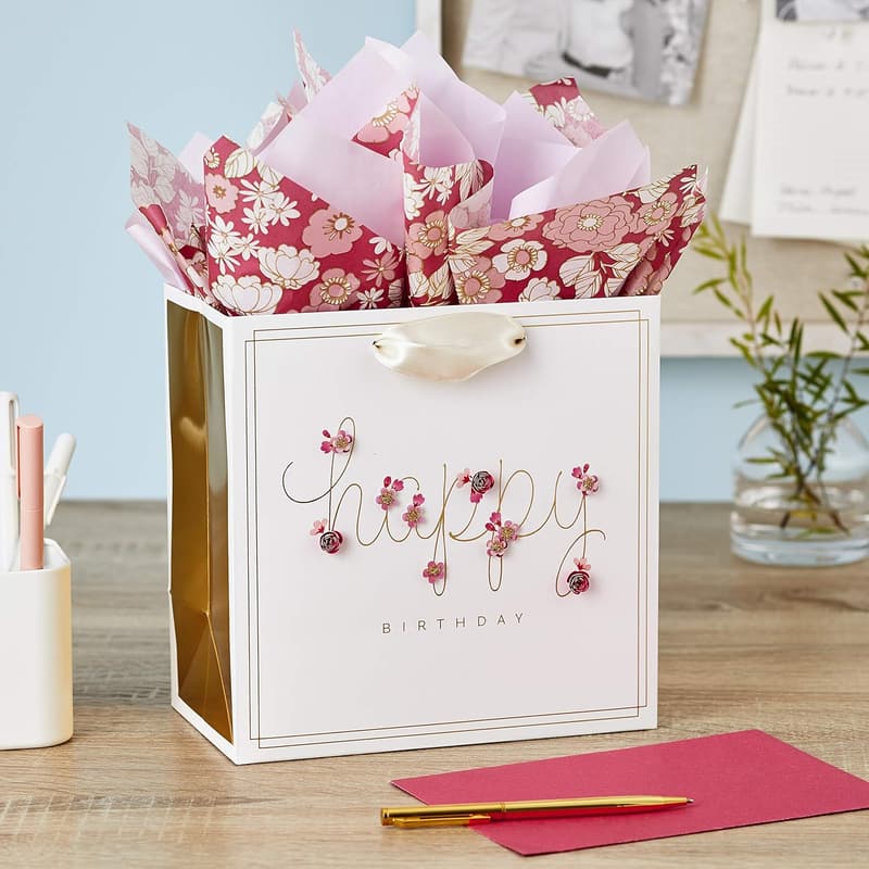 Birthday Gift Bag with Tissue Paper - Pink Flowers, 7