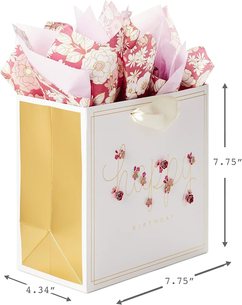 Birthday Gift Bag with Tissue Paper - Pink Flowers, 7