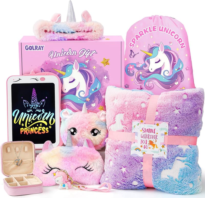 Unicorn Gifts for Girls - 10-Piece Set with Glowing Blanket & Tablet