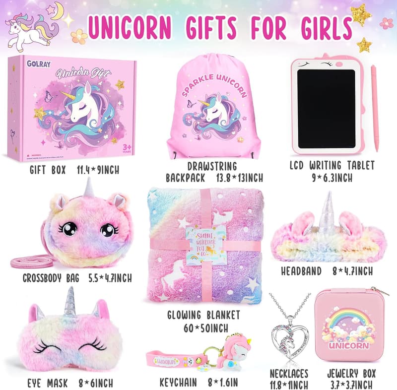 Unicorn Gifts for Girls - 10-Piece Set with Glowing Blanket & Tablet