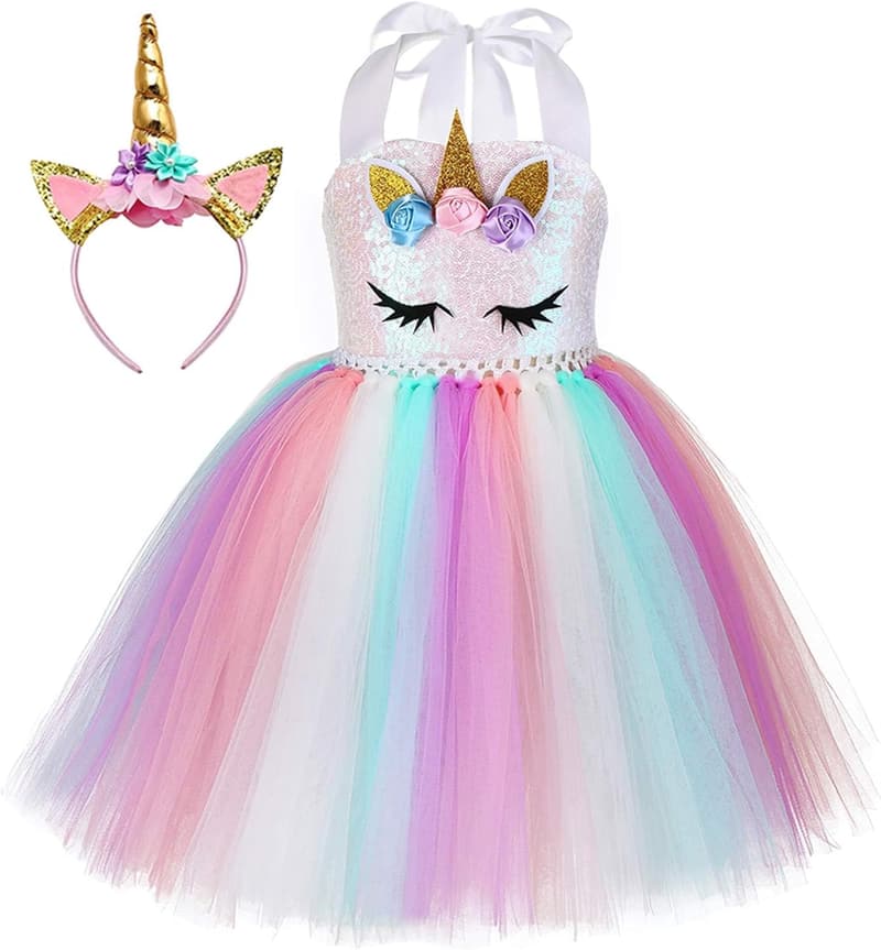 Birthday Unicorn Dress with Sequins & Headband for Girls 1-10Y