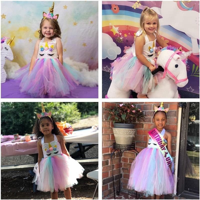 Birthday Unicorn Dress with Sequins & Headband for Girls 1-10Y