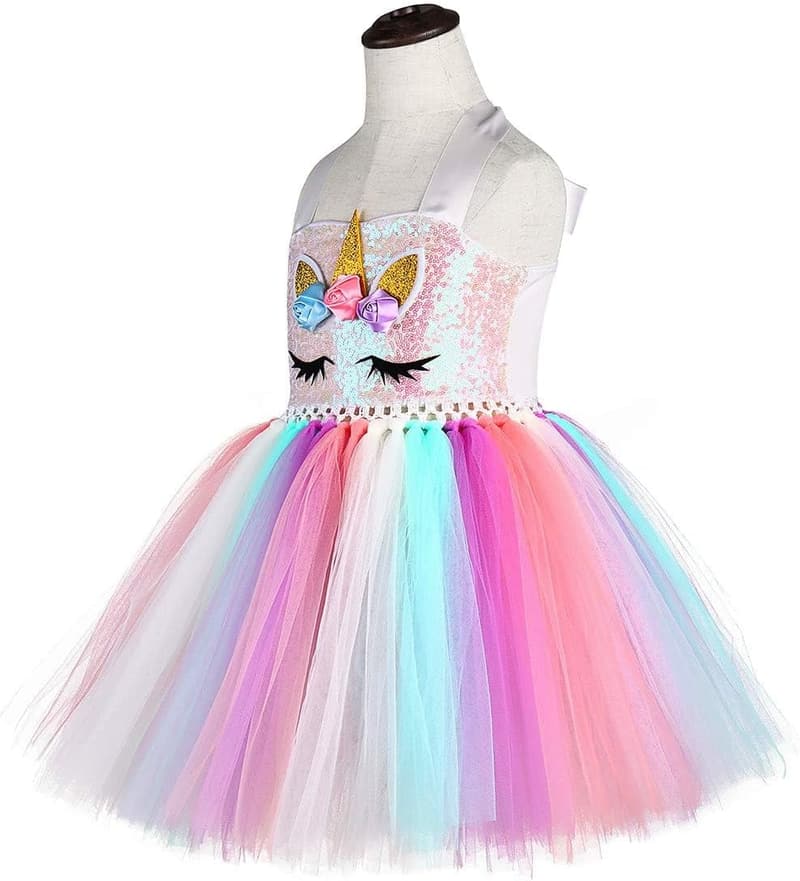Birthday Unicorn Dress with Sequins & Headband for Girls 1-10Y