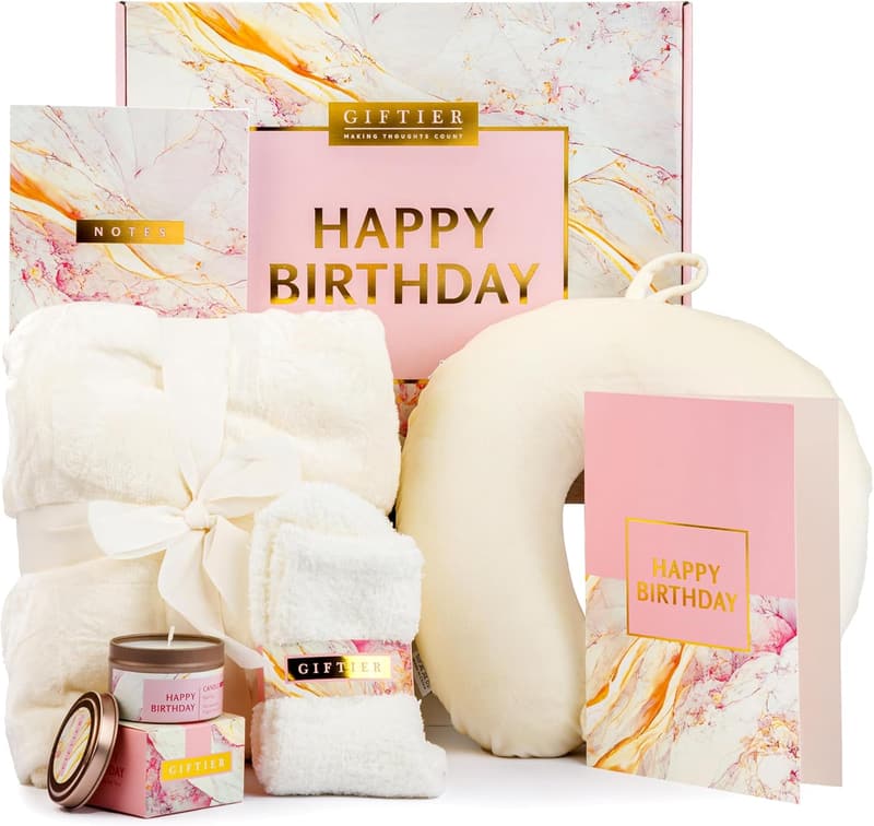 Birthday Gift Basket for Women with Blanket, Pillow, Candle, and Socks