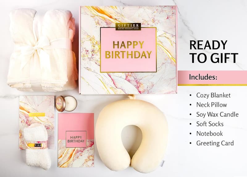 Birthday Gift Basket for Women with Blanket, Pillow, Candle, and Socks
