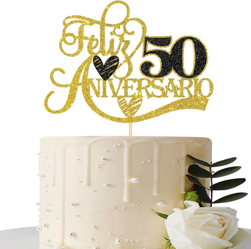 50th Anniversary Gold Glitter Cake Topper