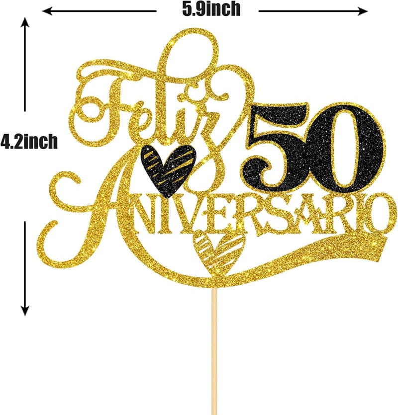 50th Anniversary Gold Glitter Cake Topper