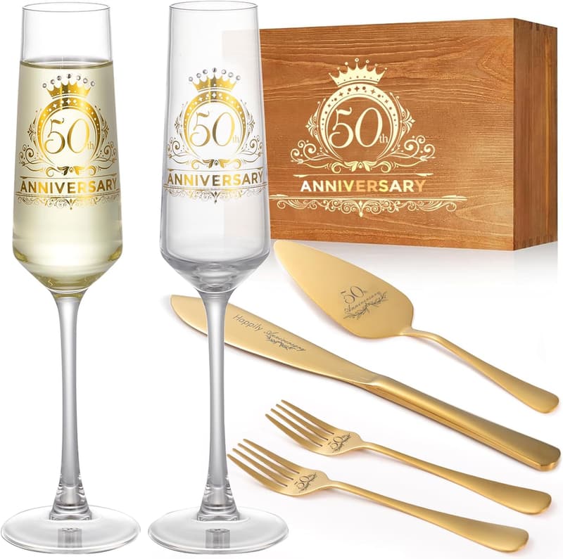50th Anniversary Champagne Flutes & Gold Cake Cutting Set