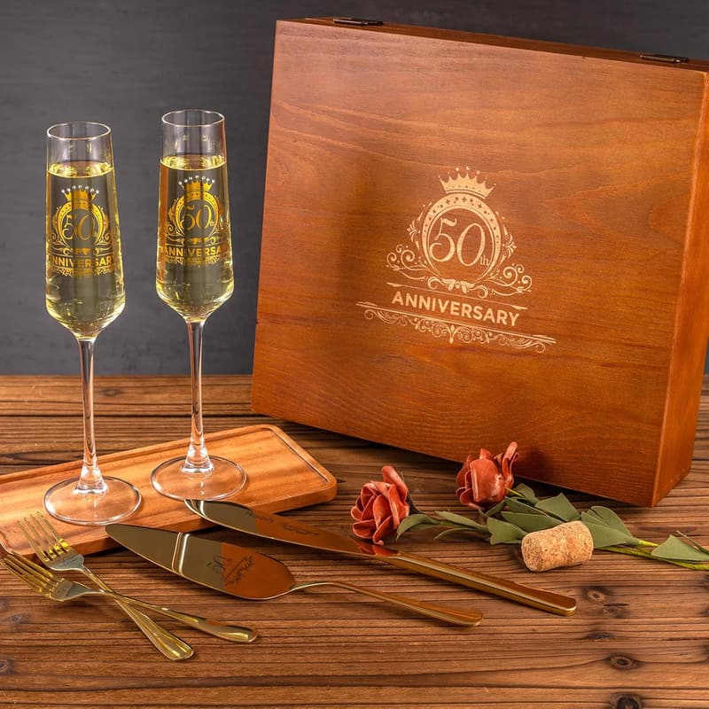 50th Anniversary Champagne Flutes & Gold Cake Cutting Set