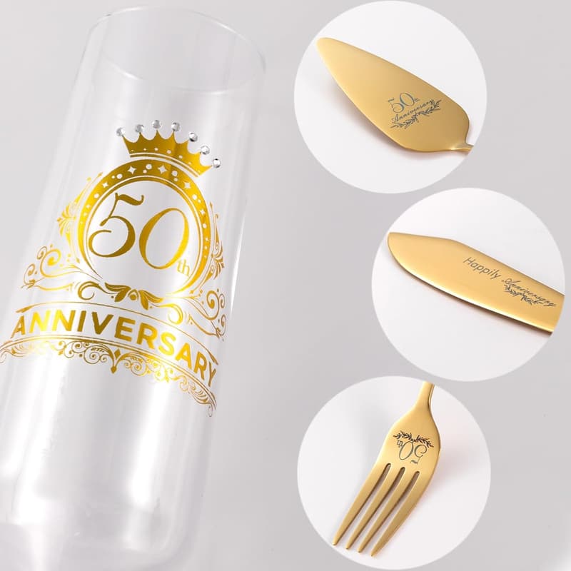 50th Anniversary Champagne Flutes & Gold Cake Cutting Set
