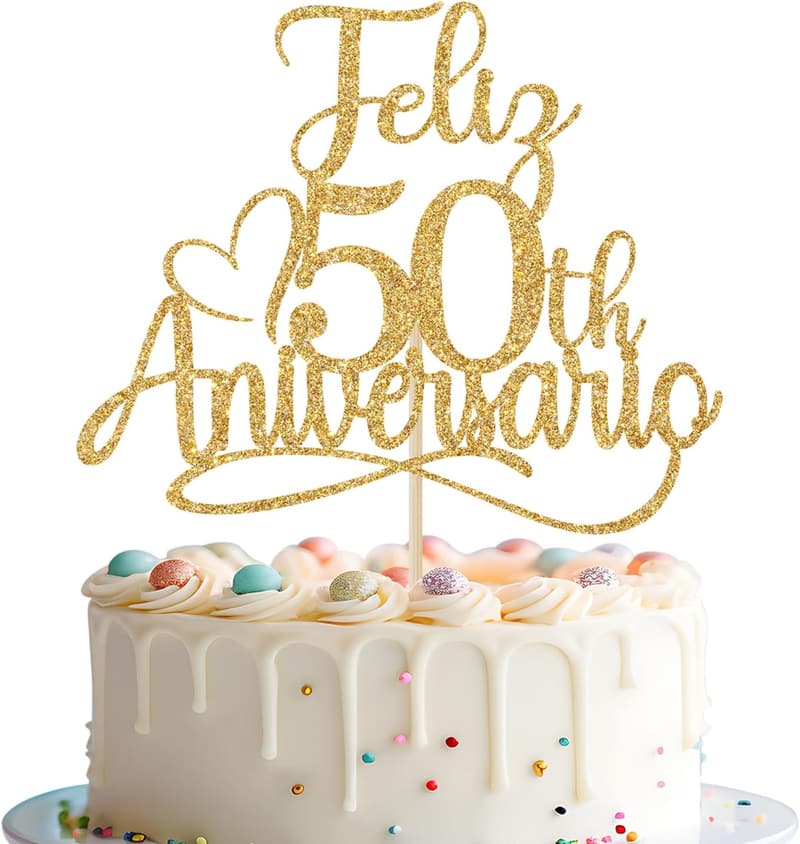 Happy 50th Anniversary Cake Topper - Gold Glitter Decoration