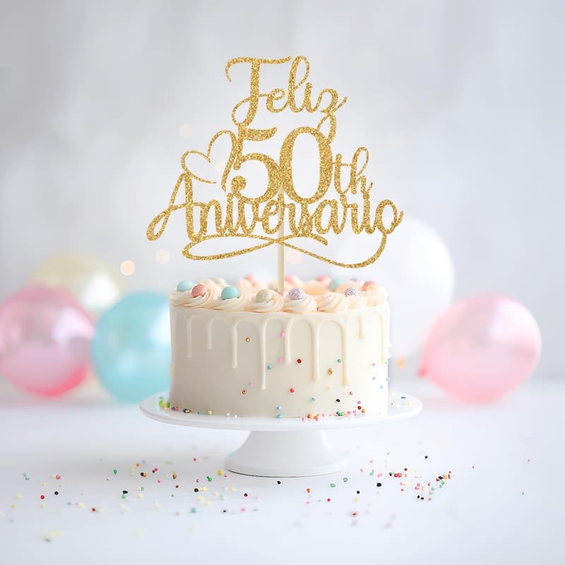 Happy 50th Anniversary Cake Topper - Gold Glitter Decoration