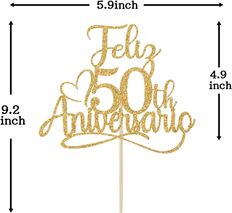 Happy 50th Anniversary Cake Topper - Gold Glitter Decoration