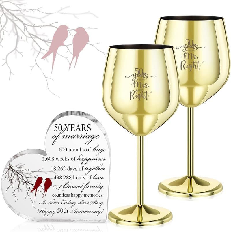 50th Anniversary Stainless Steel Wine Glass Set with Keepsake