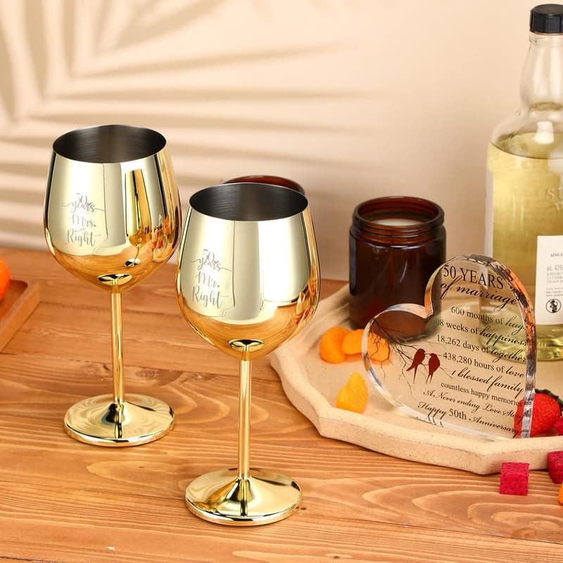 50th Anniversary Stainless Steel Wine Glass Set with Keepsake