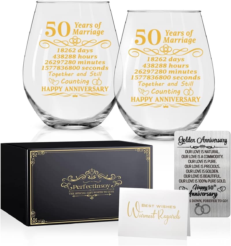 50th Anniversary Wine Glasses Set with Metallic Card
