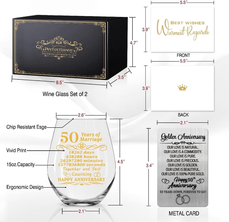 50th Anniversary Wine Glasses Set with Metallic Card