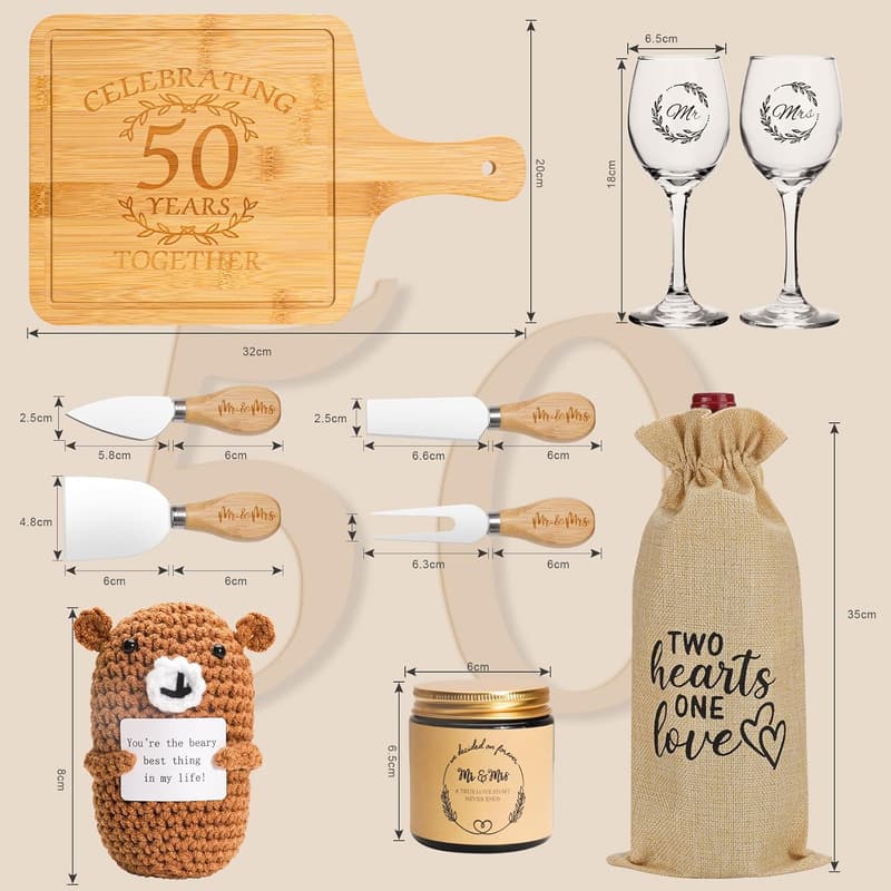 50th Anniversary Wine Glasses Serving Board for Couples