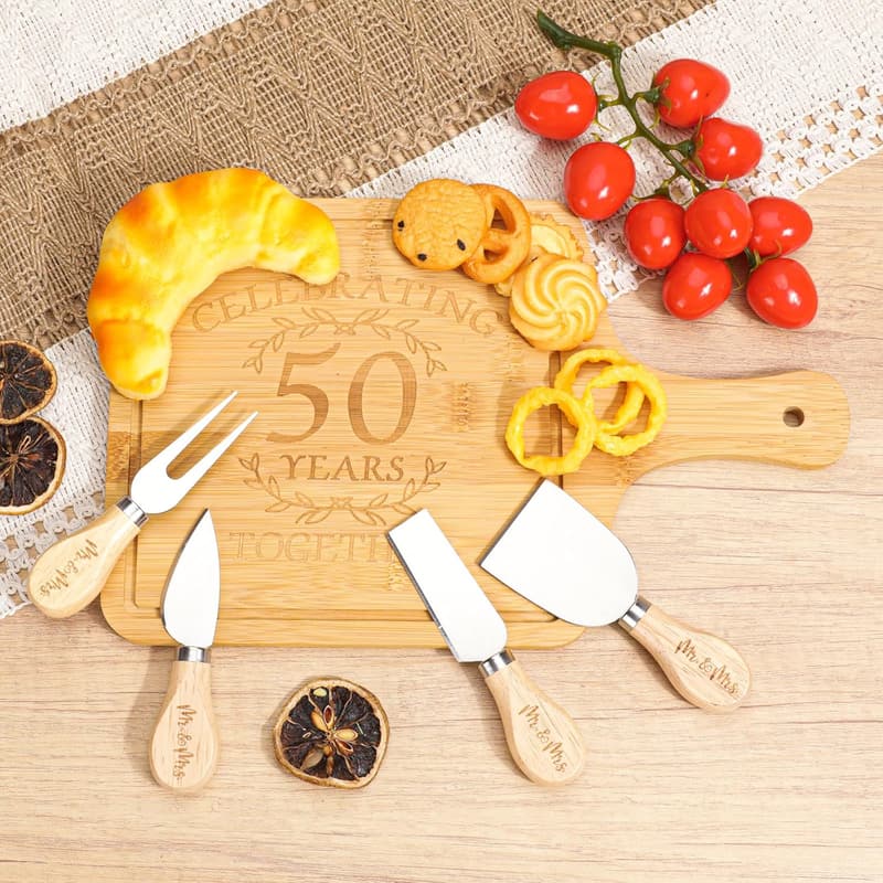 50th Anniversary Wine Glasses Serving Board for Couples