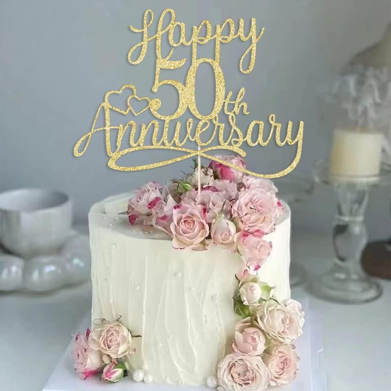 50th Anniversary Golden Glitter Cake Toppers