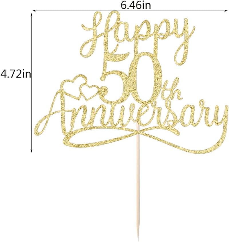50th Anniversary Golden Glitter Cake Toppers