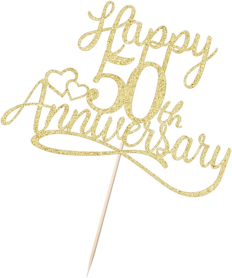 50th Anniversary Golden Glitter Cake Toppers