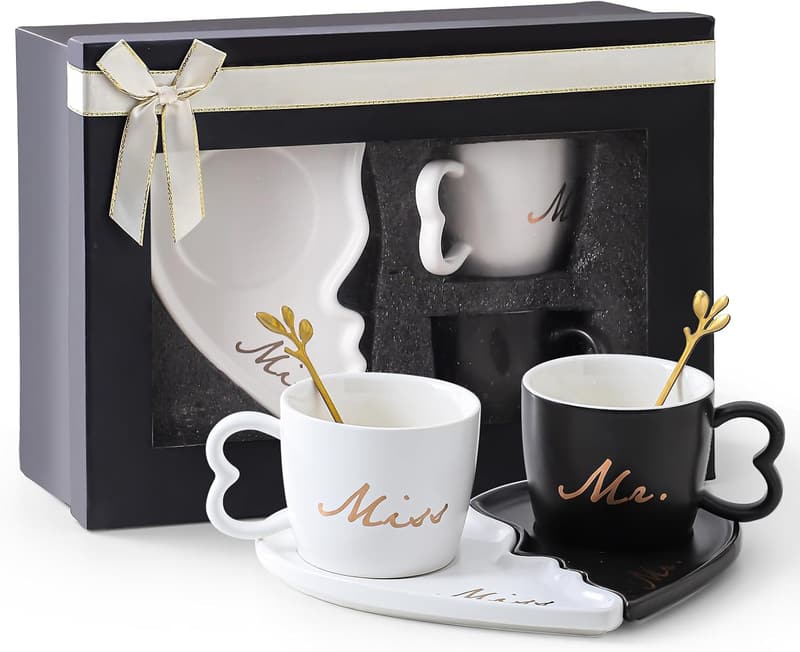 Engagement Gift - Mr & Mrs Heart-Shaped Ceramic Mugs Set