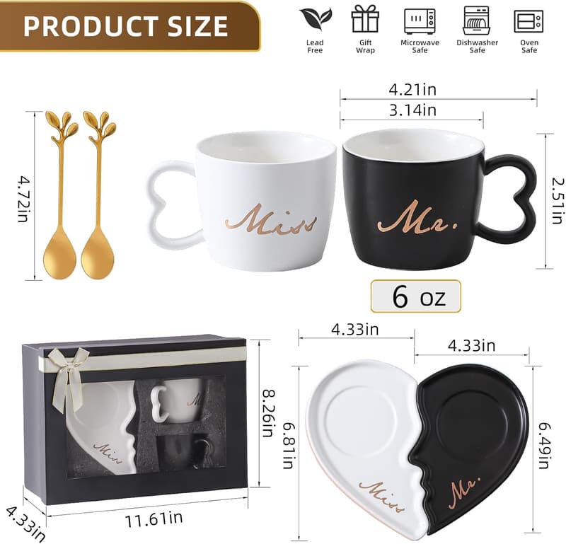 Engagement Gift - Mr & Mrs Heart-Shaped Ceramic Mugs Set