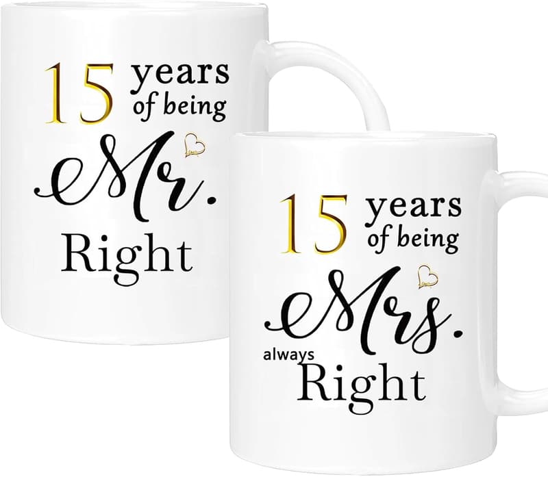 15th Anniversary Coffee Mugs Set for Couples, 11oz Gift Boxed